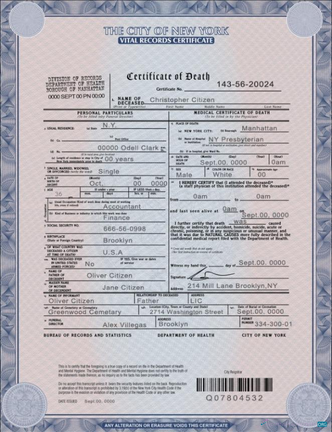 Download USA New York state death certificate template in PSD format Photoshop template